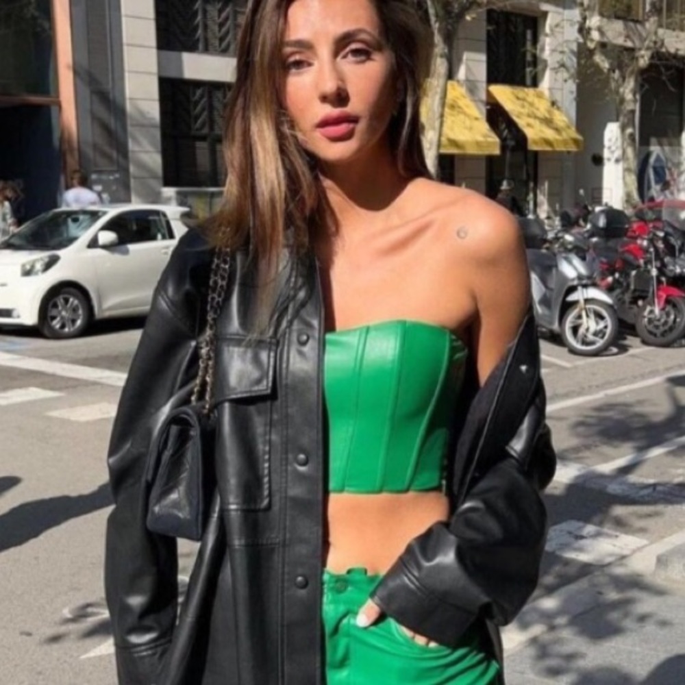 Zara Leather strapless bustier cropped green top Sz.XS